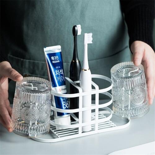 Bathroom Metal Shelf Couple Toothbrush Cups Holder Wall-mounted Free-perforation Home Hotel Washstand Organizer Rack Stand