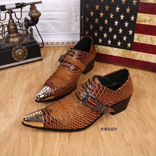 FASHION MEN LEATHER SHOES SNAKE SKIN PRINTS BROWN LACE UP POINTED TOE CASUAL OFFICE WEDDING PARTY DRESS OXFORD SHOES FOR MEN
