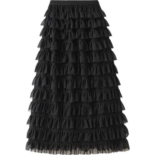 OHRYIYIE New Sweet Multi-layer Cake Skirt Women 2021 Spring Summer Elastic High Waist Chiffen Skirt Female Fashion A-line Skirts
