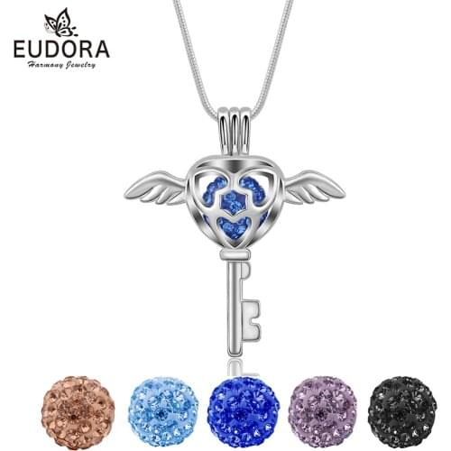 EUDORA Wing Key openable cage Pendant Necklace with Rhinestones CZ Crystal Ball snake Chain choker Fine Jewelry for Women K278
