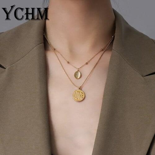 YCHM Coin Pendant Opal Necklace Double Layered Stainless Steel Multi-layers Necklace for Women Gold Plated Trendy Jewelry