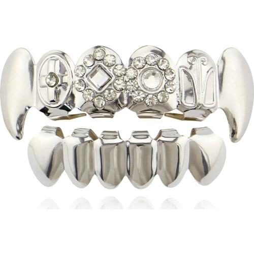 Punk Gold Teeth Grillz Top Bottom Grills Dental Rhinestone Vampire Teeth Caps Halloween Mouth Tooth Jewelry Party