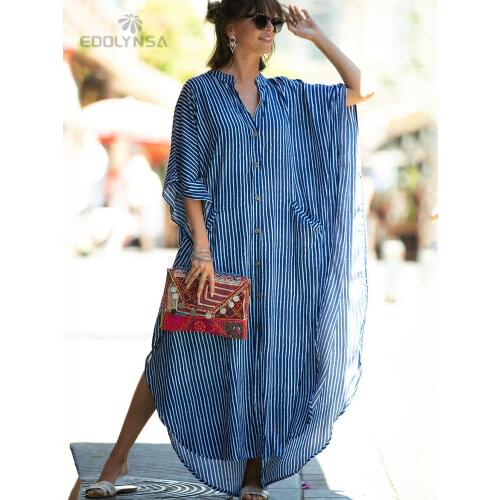 Casual Bikini Cover-ups Blue Tunic Sexy Striped Front Open Summer Beach Dress Elegant Women Beach Wear Swim Suit Cover Up Q1097