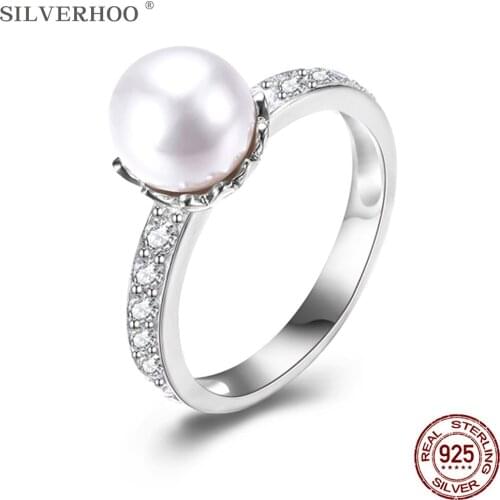 SILVERHOO 925 Sterling Silver Ring For Women Smooth Crystal Pearl Rings Gorgeous Austria Crystal With Zircon CZ Fine Jewelry New