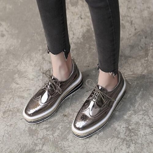 Patent Leather Brand Female Footwear Shoe For Women Creepers Lace Up Square Toe Silver Women Platform Oxfords Brogue Flats Shoes