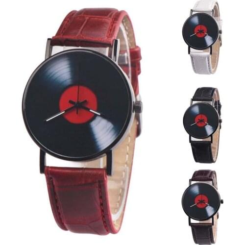 Vintage Record Shape Round Dial Faux Leather Band Women Men Quartz Wrist Watch Children Wavthes