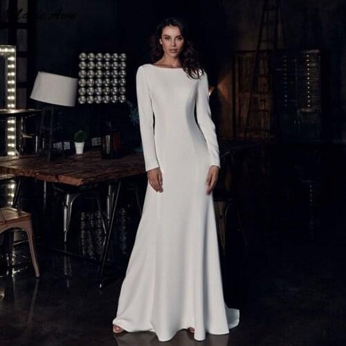 Magic Awn Chic Long Sleeves Satin Mermaid Wedding Dresses Beach Pearls Beaded Backless Simple Cheap Bridal Gowns Boho Vestidos