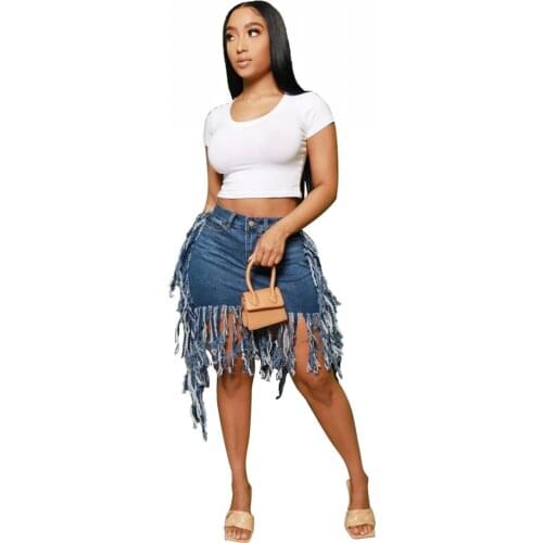 Female Sexy Slim Jean Skirt Zipper Single Button Blue Jean Skirt2021summer Fashion Casual Tassel Matching Denim Hip Wrap Skirt