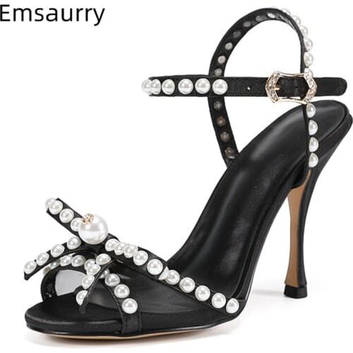 Beading Butterfly-knot 2021 Summer Shoes Woman Thin Heel Ankle Strap Sexy Air Mesh Pearl Peep Toe Sandals Women