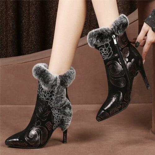 Warm For Ankle Boots Women Genuine Leather Super High Heel Wedding Party Pumps Lady Pointed Toe Office Shoes Winter Casual Shoes