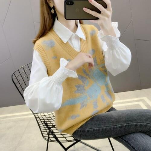 In 21161 5 room 5 】 to film sets v-neck knitting jacquard singleton female vest [1005] 40