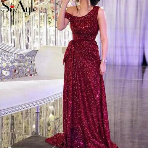 SoAyle 2019 Evening Dresses Sequin Prom Dresses for Women Arabia Celebrity Style Split Vintage Vestidos De Festa