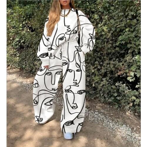 2020 European and American new womens casual round neck loose print basic womens sweater suit 2