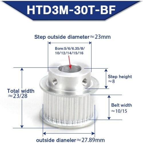30 Teeth 3M Timing Belt Pulley Bore 5/6/6.35/8/10/12/14/15/16mm Fit W=10/15mm HTD 3M Belt 30T 30Teeth HTD3M Pulley CNC Machine