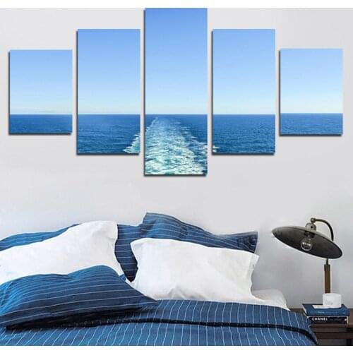 5pcs Photographic Blue Sea Landscape Painting Yacht Waves Symmetrical Art Canvas Waterproof Ink Printing Decorative Poster
