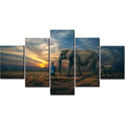 5 Piece Canvas Art Elephants Sunset HD Printed Wall Art Home Decor Canvas Painting Picture Poster Prints Free Shipping NY-6586A