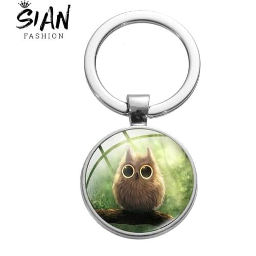 SIAN Fashion Lovley Owl Cartoon Art Picture Keychain Colorful Owl Pendant Round Glass Gem Key Ring Keyholers for Kids Backpack