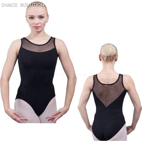Black Cotton Basic Leotard with V back Mesh Design Adult Girls Ballet Dance Wear 01D0047A