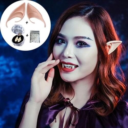 Halloween Teeth Fangs Elf Ears Set Fairy Angel Cosplay Costume Elven Ears False Teeth Photo Props Adult Kids Toys Party Supplies