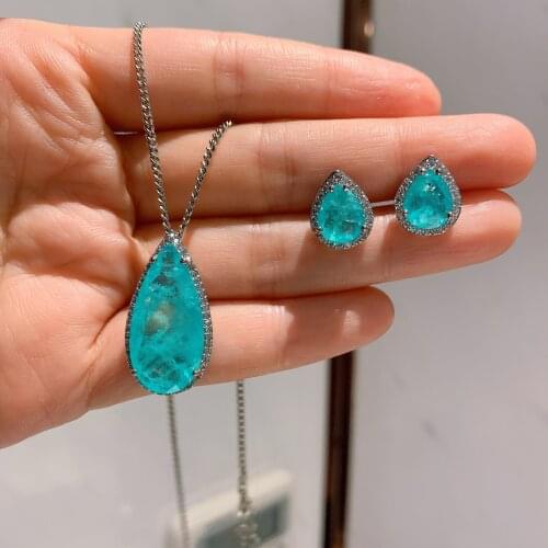 QTT Solid 925 Sterling Silver Bridal Sets Water Drop Shape Paraiba Tourmaline Gemstone Necklace Stud Earrings Fine Jewelry Sets