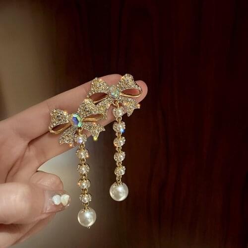 Korean Crystal Bow Stud Earrings For Women Elegant Rhinestone Simulation Pearl Long Tassel Party Jewelry Accessories Wholesale