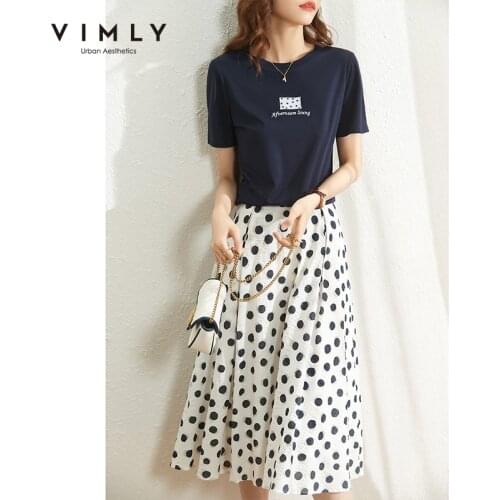 VIMLY Two Piece Set For Women Printed Tshirt Cotton Tops Elastic Waist Dot Long Skirts Office Lady Casual Women Skirts Set F7885