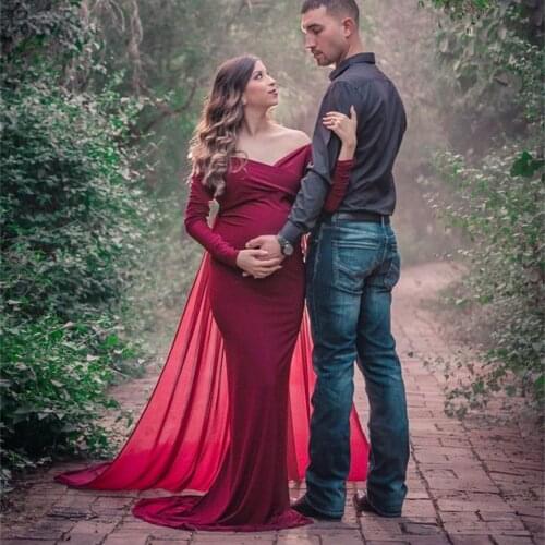 Red Maternity Dresses with Train Cotton Long Sleeve Maternity Gown for Photoshoot Boudoir Lingerie Bathrobe Nightwear Pajamas