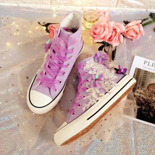 2021 spring new lavender high-top canvas shoes women lace handmade lace pearl wedding shoes sports shoes sneakers