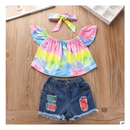 Summer Kid Girls 3Pcs Outfits Suits Off Shoulder Fly Sleeve Tie Dye Tops + Ripped Denim Shorts + Headband Sets Children Outwear
