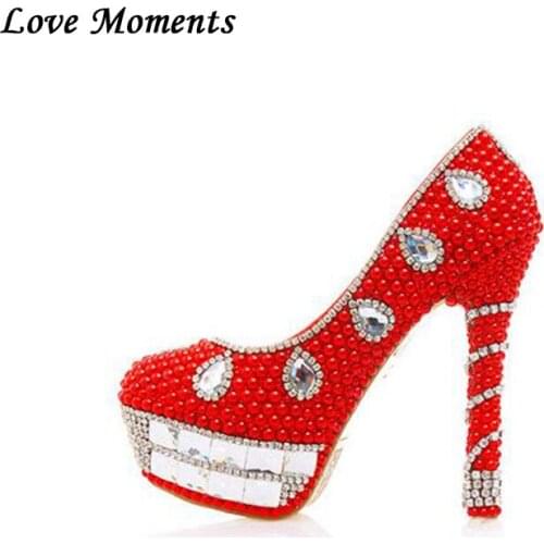 LuxEcho Fashion Red Pearl Crystal Shoes Bride wedding Dress shoes Womens Pumps High heel platform shoes Genuine Leather Pumps