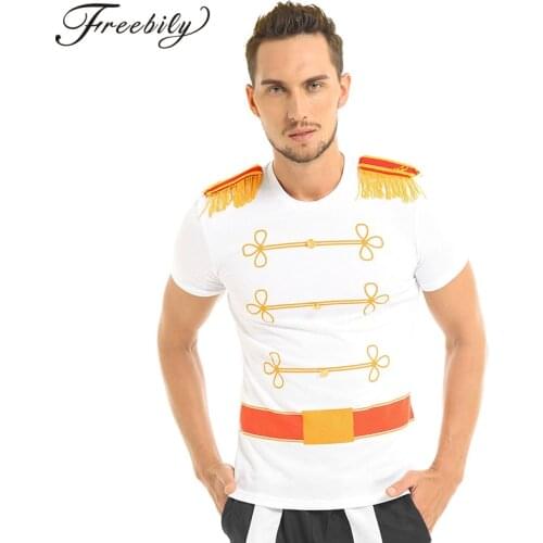 Men Adults Royal Prince Cosplay Halloween Costume Round Neck Short Sleeve with Epaulets Pullover T-shirt Tops