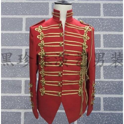 Personality red military male blazer men suits designs performance dance costumes for singers men wear clothes stand collar
