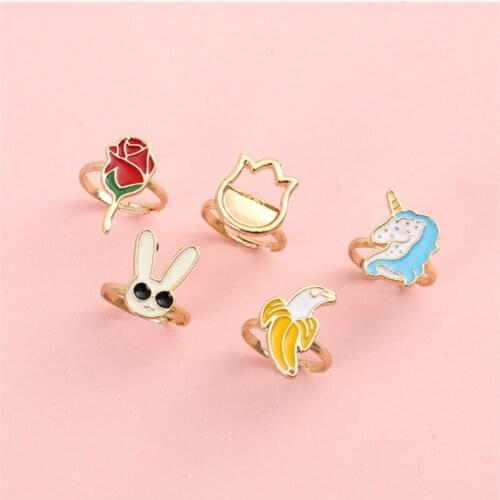 Kids jewelry rabbit unicorn floral enamel adjustable ring set for girls gift colorful toys jewelry cute