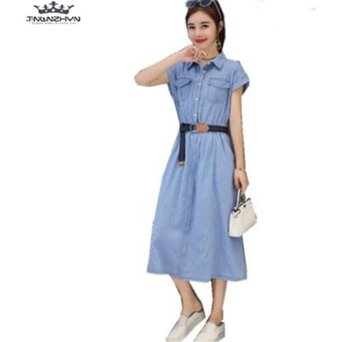 Tnlnzhyn 2019 New Summer Women Denim Dress Women Casual Short sleeve Turn-down Collar Jeans Dress Loose cowboy Dress Y1132