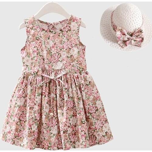 New Baby Cotton Girl Dress+Hat 2PCS Summer Kids Dresses for Girls Princess Dress Floral Country Style Children Clothes