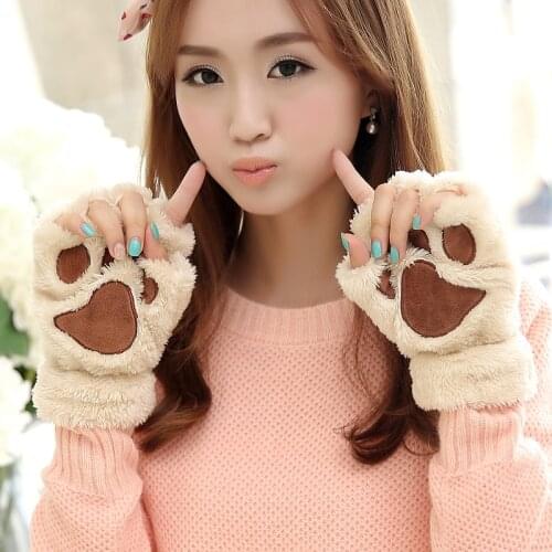 Winter Gloves Women Paw Gloves Fingerless Fluffy Bear Cute Plush Paw Novelty Cosplay Halloween Soft Toweling Half Covere Gloves