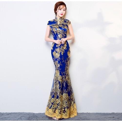 New Arrival Blue Embroidery Sequins Modern Oriental Long Cheongsam for Women Chinese Traditional Vintage Qipao for Evening Dress