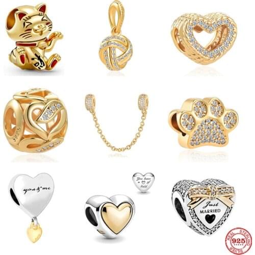 NEW European Gold Color Dog Paw Lucky Cat DIY Fine Beads Fit Original Pandora Charms Silver 925 Bracelet Jewelry For Women
