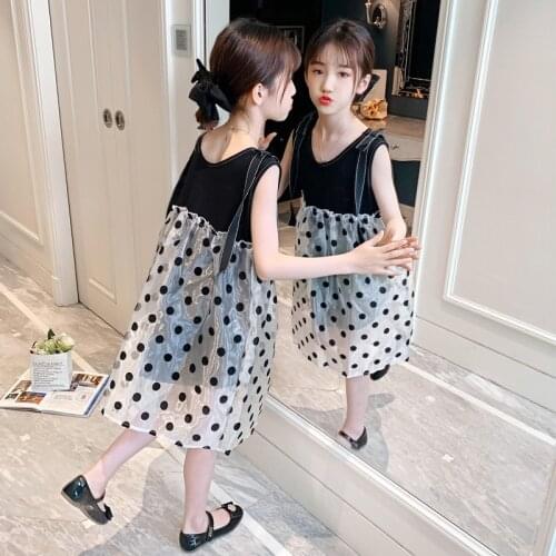 Girls Dress Summer Sleeveless Kids Dresses for Girl Elegant Dot Princess Dress Teenage Childrens Clothing 6 8 10 12 14 16 Yrs