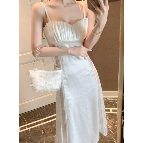 Summer Satin Lace Splice Party Dress Women Sexy white shell Tube Top Dresses Womens long Strap Dress Vestidos