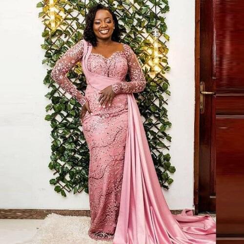 Arabic Aso Ebi Lace Mermaid Evening Dresses With Sheer Neckline Appliques Beads Long Sleeves Prom Dresss Plus Size Party Gown