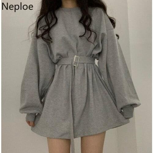 Neploe Korean Ins O Neck Pullover Solid Hoodies Dress Slim Waist with Belt Korean Casual Vestido Loose Soft Spring Ropa 49084