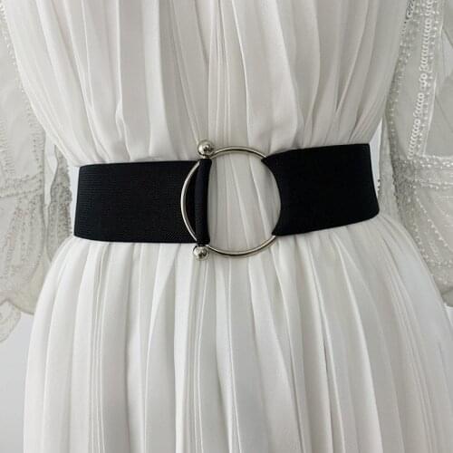 Round Buckle Black Simple Waist Seal Elastic Loose Womens Belt for Coat Sweater Fashion Dress Waistband