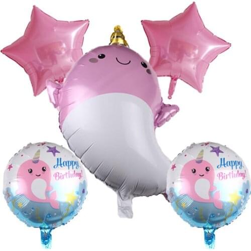 5pcs/lot Blue Pink Foil Unicorn Whale Balloons with Round Helium Balloon Baby Shower Globos Birthday Party Decorations kids