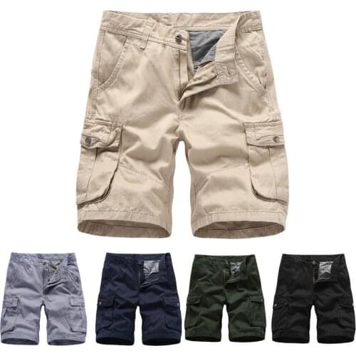 Summer Shorts Men 2021 Casual Men Shorts Solid Color Multi Pockets Cotton Blend Mid Rise Loose Knee-length Trousers Pants 32-40