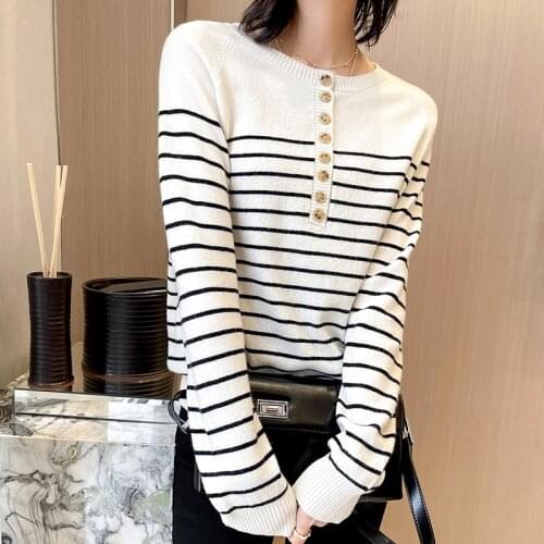 2021New round neck 100% wool sweater ladies knitted striped full sleeve pullover short cashmere sweater Soft and comfortable
