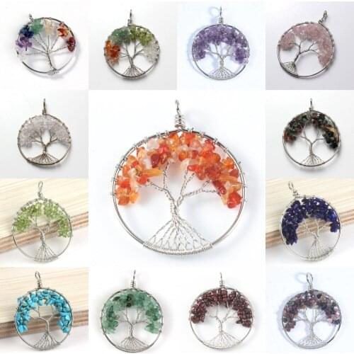 Trendy-beads Silver Plated Mixed Quartz Gravel Wire Wrapped Wisdom Tree of Life Round Pendant Fashion Jewelry