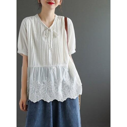 Johnature 2021 New Casual All Match Women Bow Collar Solid Color Loose Shirts Summer Patchwork Hollow Out Female Blouses