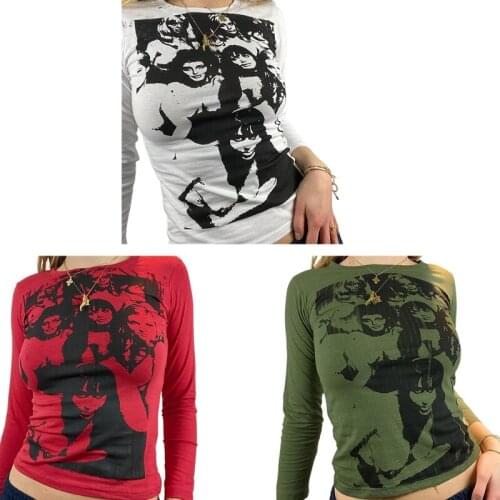 Women Punk Rock Long Sleeve T-Shirt Hip Hop Face Portrait Slim Top Streetwear