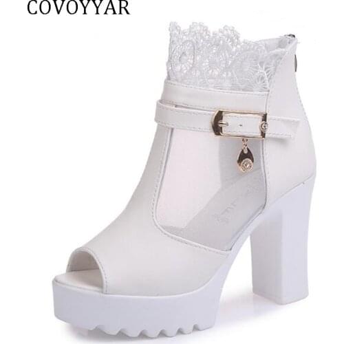 COVOYYAR 2021 Autumn Women Ankle Boots Peep Toe Platform Woman Shoes Lace Cuff Booties Chunky Heel Pumps Summer Sandals WBS450